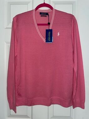 Ralph Lauren Polo Golf New England Prep Pink Lightweight Merino Wool Sweater